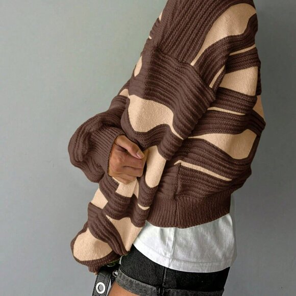 Khaki & Browm Casual Women's Round Neck Wave Stripe Long-Sleeved Knit Sweater - Picture 4 of 4